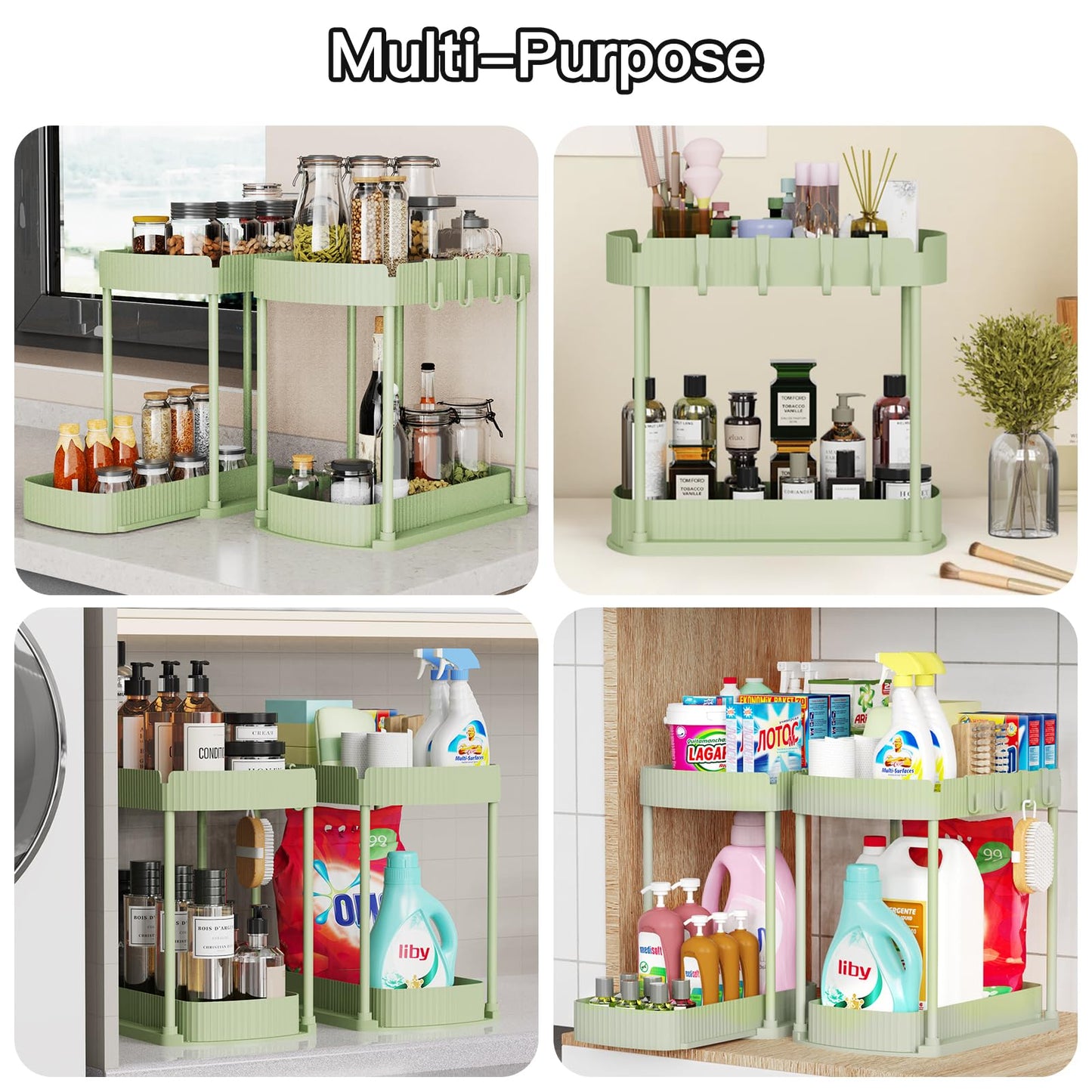 Ukeetap 2 Pack Multi-Purpose Pull-Out Storage Organizers, Under Sink Organizers and Storage for Bathroom & Kitchen, Under Cabinet Organizers and storage, 12.8 Inch, Green