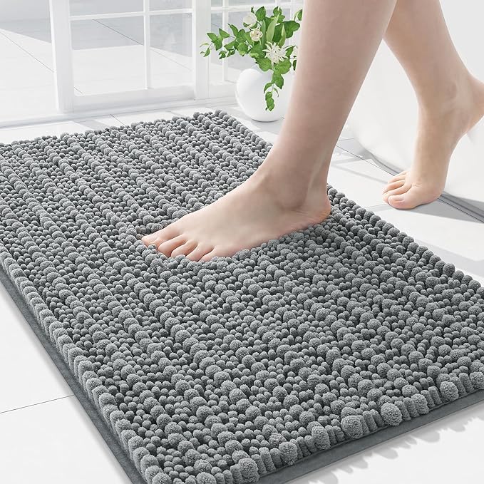 Arotive Luxury Chenille Bathroom Rug Mat, Extra Soft Thick Absorbent Shaggy Bath Rugs, Non-Slip Machine Wash Dry, Plush Bath Mats for Bathroom, Shower and Tub, 34x21, Grey