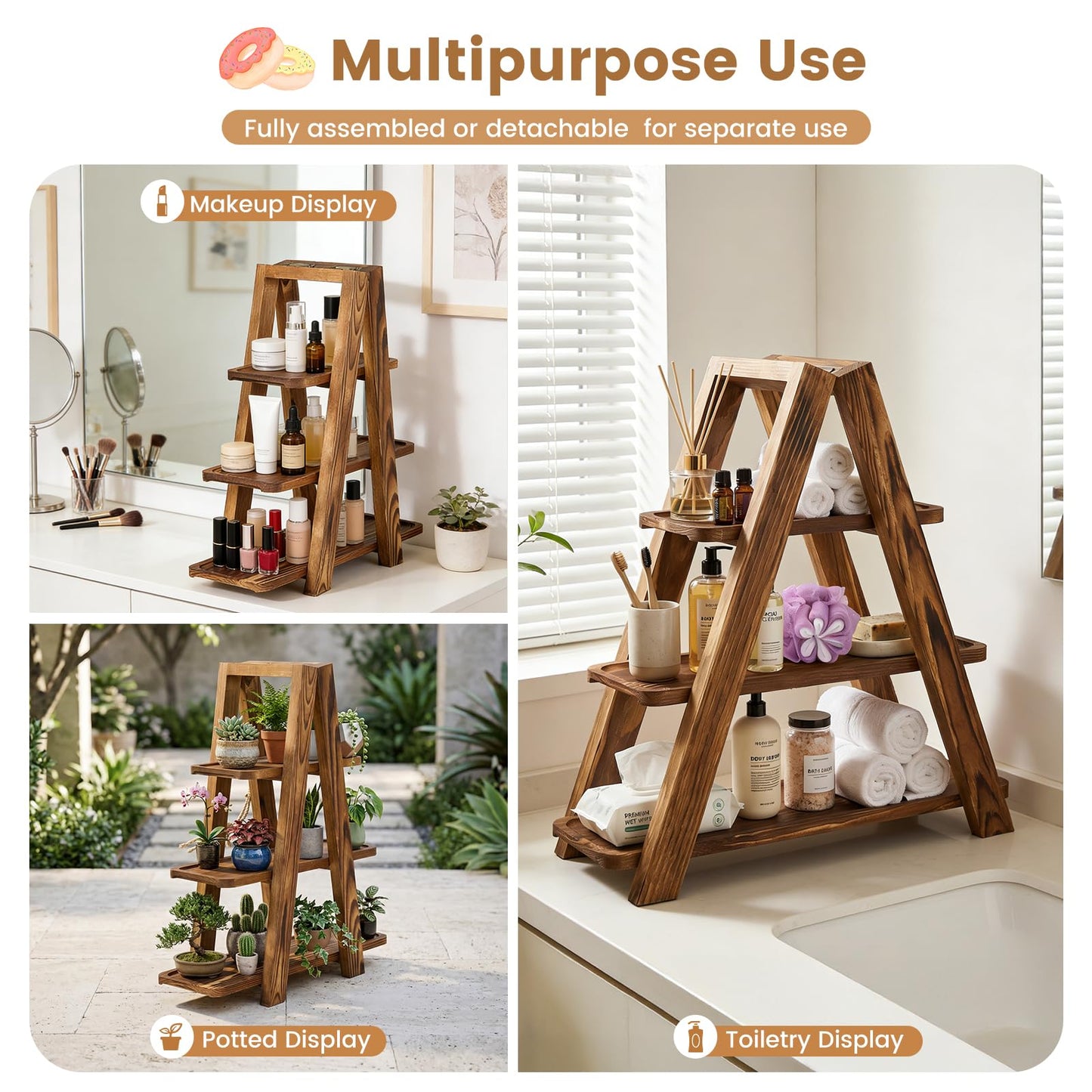 3 Tier Wooden Cupcake Stand with Swing & Flower Decor, Dessert Table Display Set with Removable Trays for Cake Fruit Snack Bread, Rustic Foldable Ladder Stand for Party, Birthday, Wedding & Events