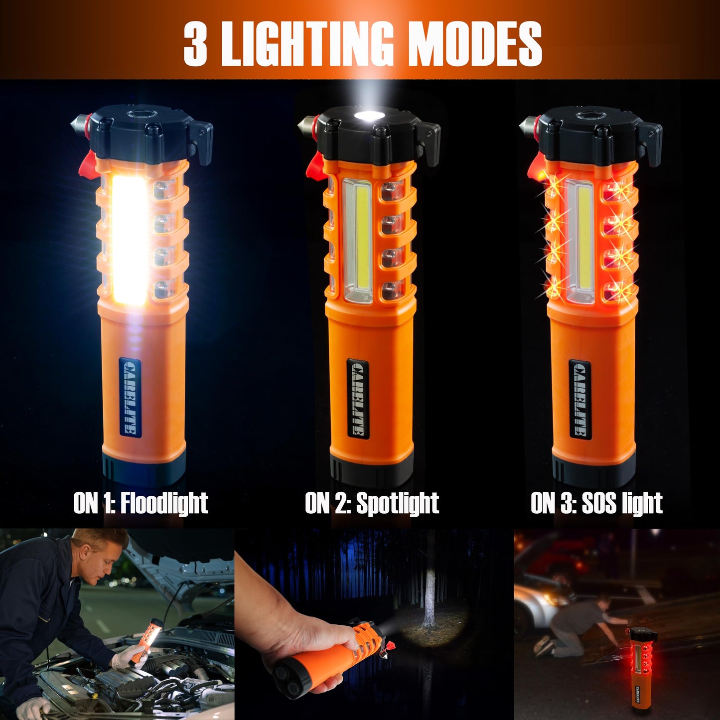 Emergency Car Flashlight with Seatbelt Cutter and Window Breaker, LED Work Light & Flash Beacon, Life-Saving Car Escape Tool for Roadside Safety (Orange)