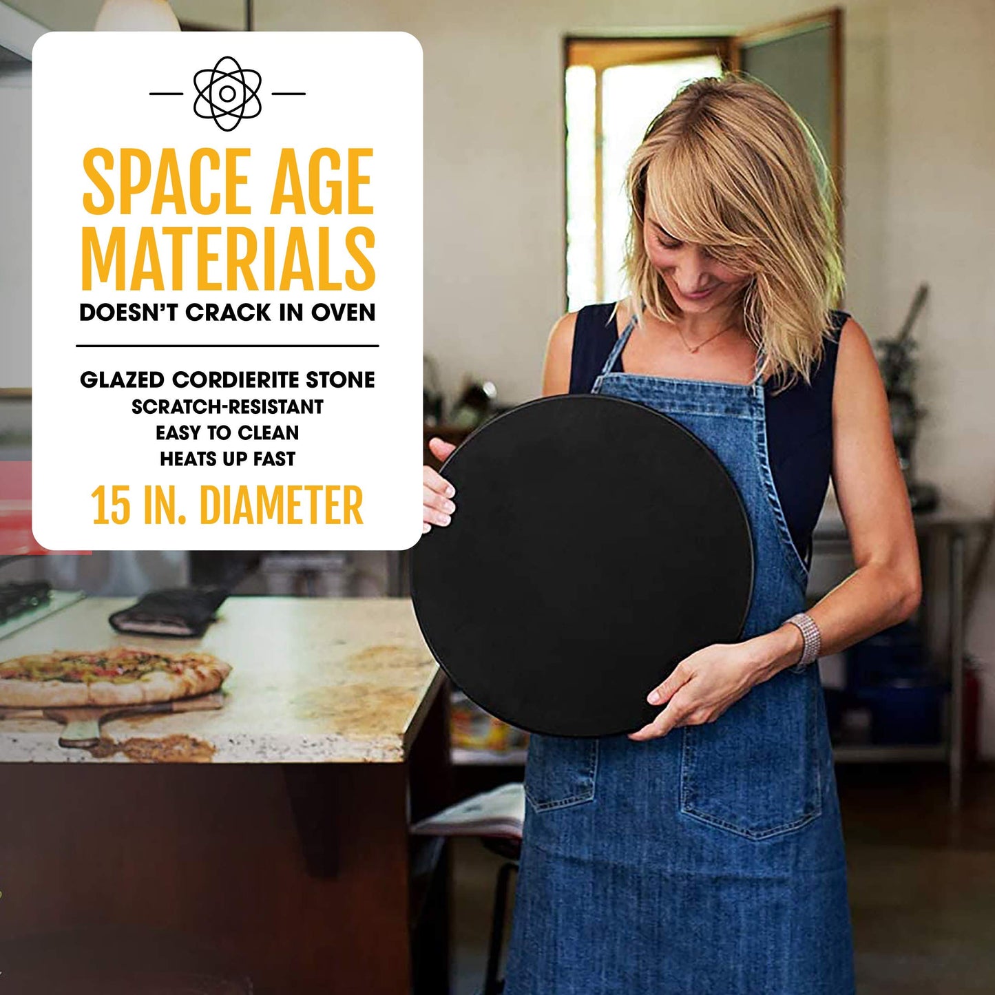 Heritage 15" Ceramic Pizza Stone Set - Non-Stick, Stain-Free with Bonus Cutter - Black
