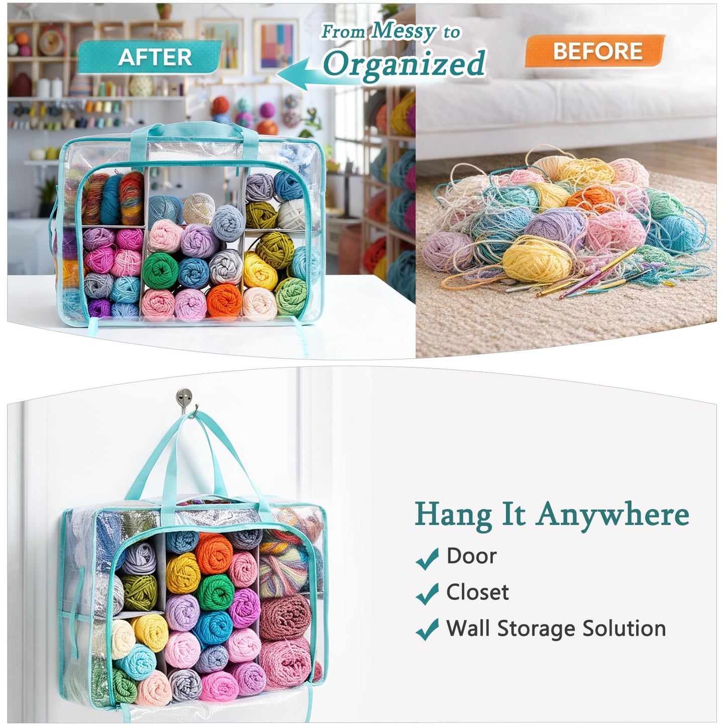 MYBAGZING Clear Yarn Storage Bags, 21" Large Flat Under Bed Yarn Organizer with Zipper & Handles, Stackable Knitting and Crochet Storage for Closet Shelves, Craft Room, Yarn Skeins, Hooks & Needles