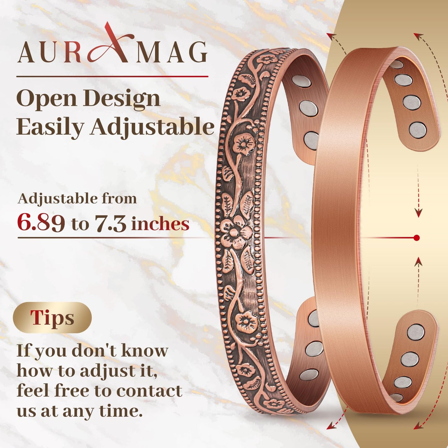 Auramag Magnetic Bangle for Women, Copper Cuff Bangle with 3500 Gauss Magnets, 100% Pure Copper Jewelry Gift Adjustable (2 PCS)