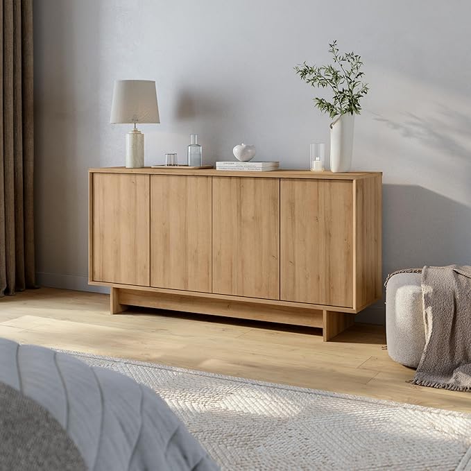 Prepac Natural Oak Finnley Sideboard Cabinet Buffet Cabinet with Storage Accent Cabinet for Living Room, Kitchen, Entryway Cabinet with Adjustable Shelves Push Latch System 16" D x 61.5" W x 30.75" H