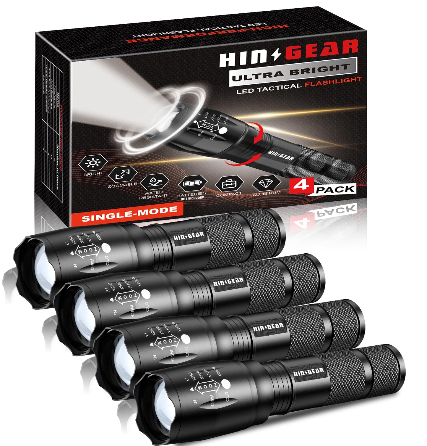 HinsGEAR 1 Mode Flashlights 4 Pack, Bright Zoomable LED Tactical Flashlight High Lumens, Water Resistant Portable Pocket Flash Light for Emergency, Camping Essentials, Gift - SL2000