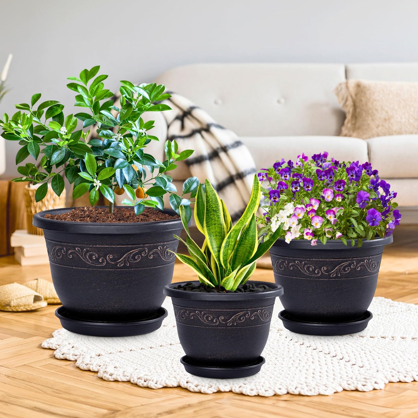 QCQHDU 10 inch Retro Plant Pots, 3 Pack Plastic Planters for Indoor & Outdoor Plants Flower Pot with Drainage Hole and Saucer