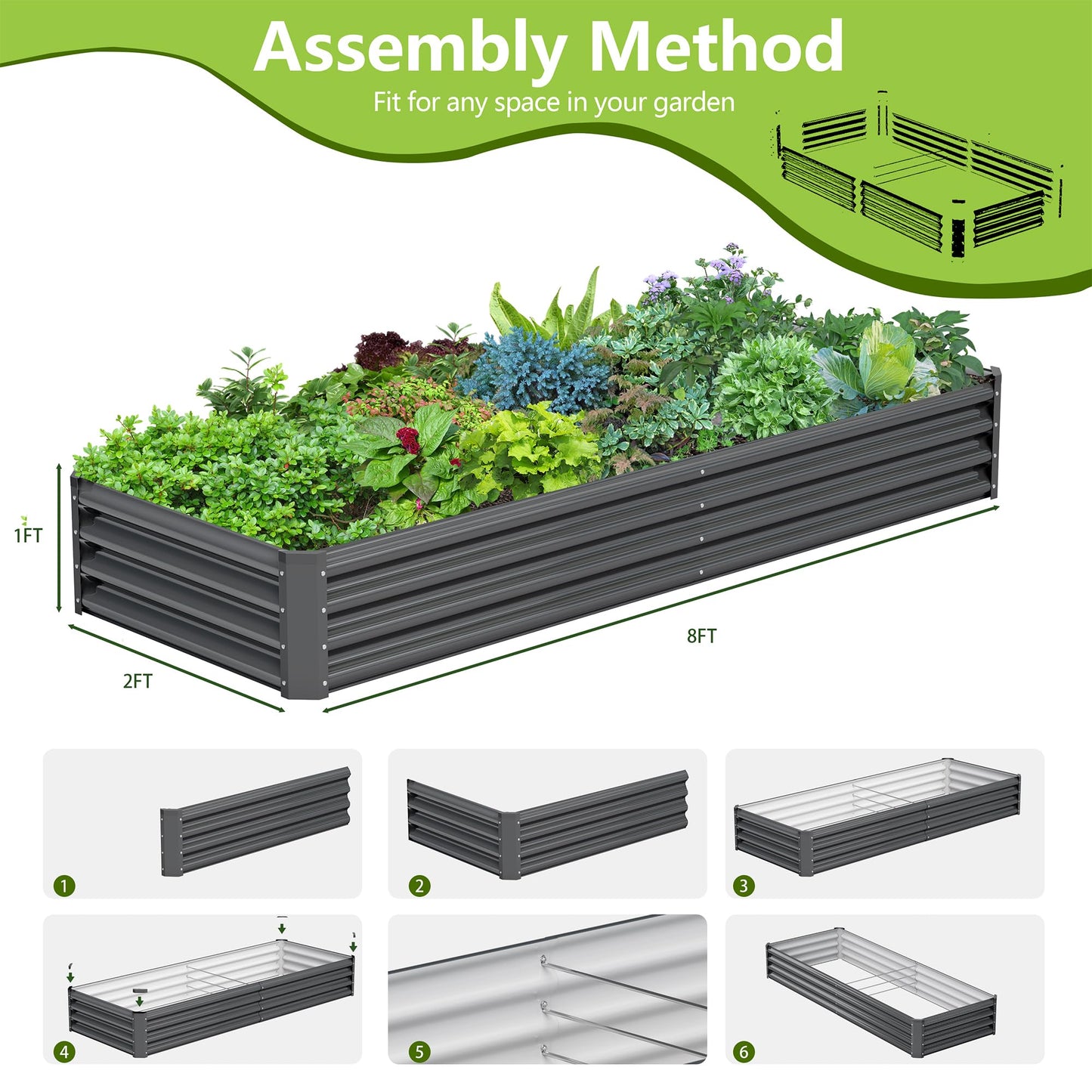 Ayen Guard 2PCS 8x2x1FT Galvanized Raised Garden Bed, Galvanized Planter Raised Garden Boxes Outdoor, Large Metal Raised Garden Beds for Vegetables-Grey