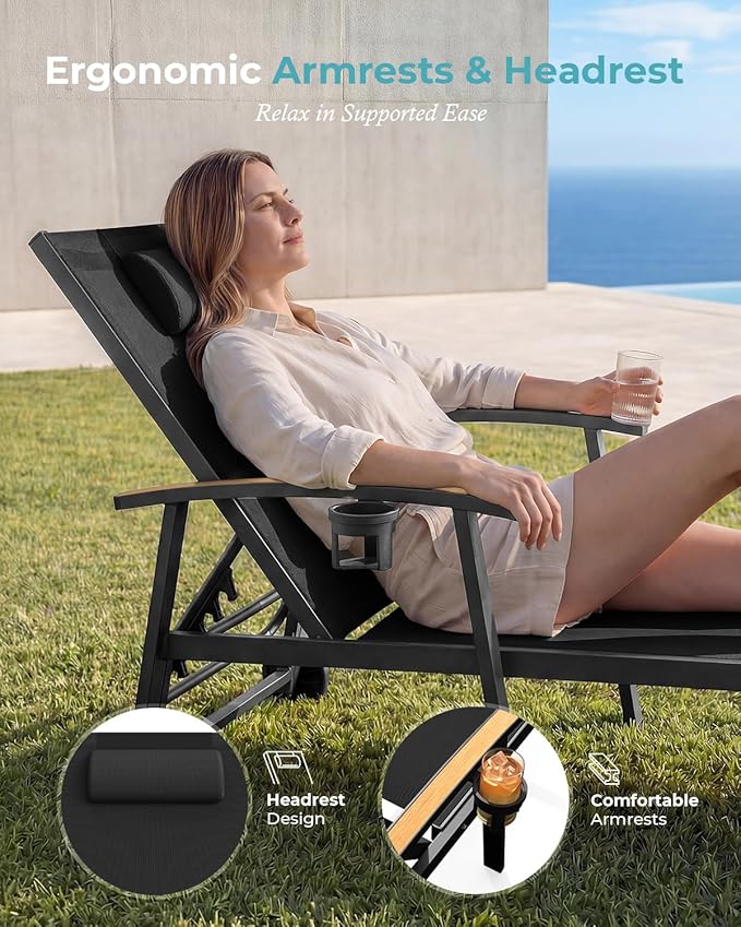 Ciokea Outdoor Lounge Chair with Pillow Set of 2, 5-Position Aluminum Chaise Lounge with Wheels & Armrests, 400 lbs Heavy Duty Patio Pool Chair for Backyard, Deck, Beach & Poolside, Black