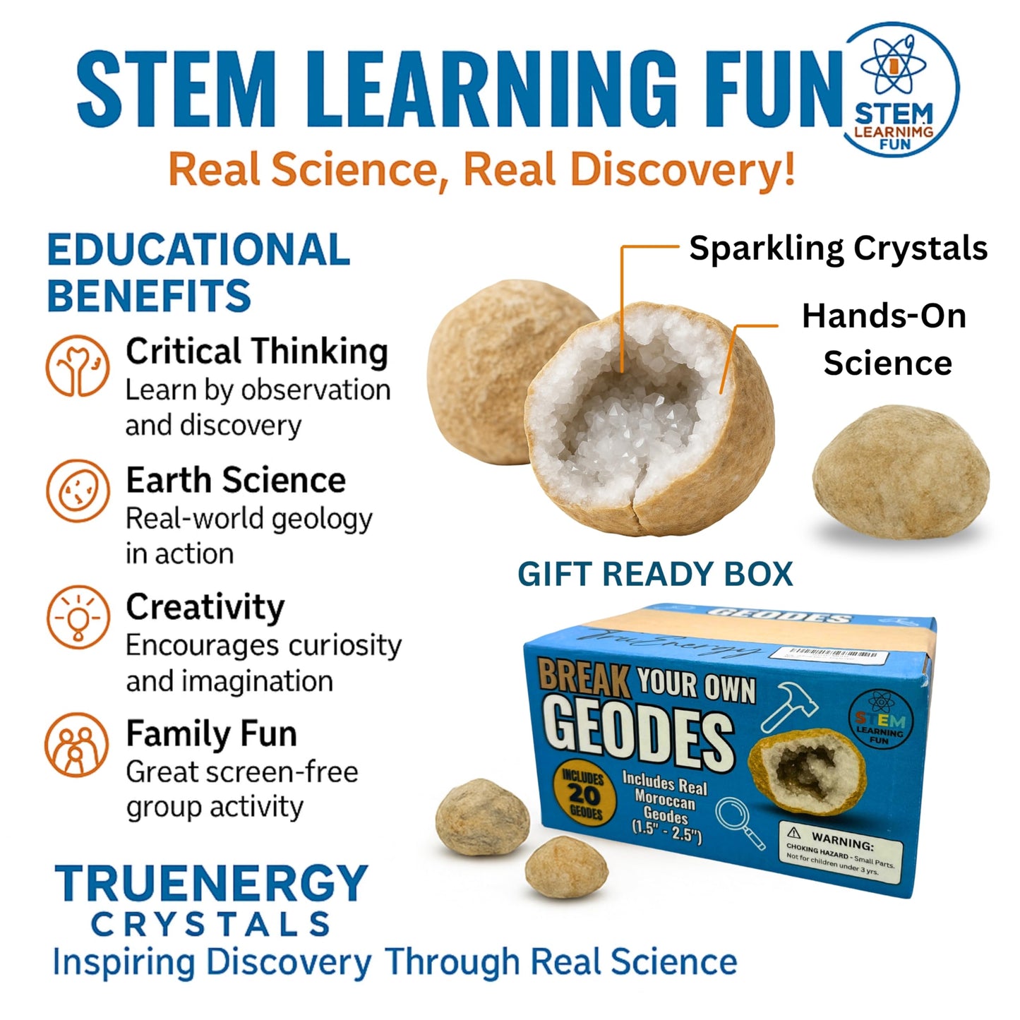 TruEnergy Jumbo Break Your Own Geodes – 2 Massive Natural Crystal Geodes 4.5 to 6.5 Inch, Easy Crack-Open Geology Specimens – Magnifying Glass & Geologist Guide – Gift Ready - [Jumbo]