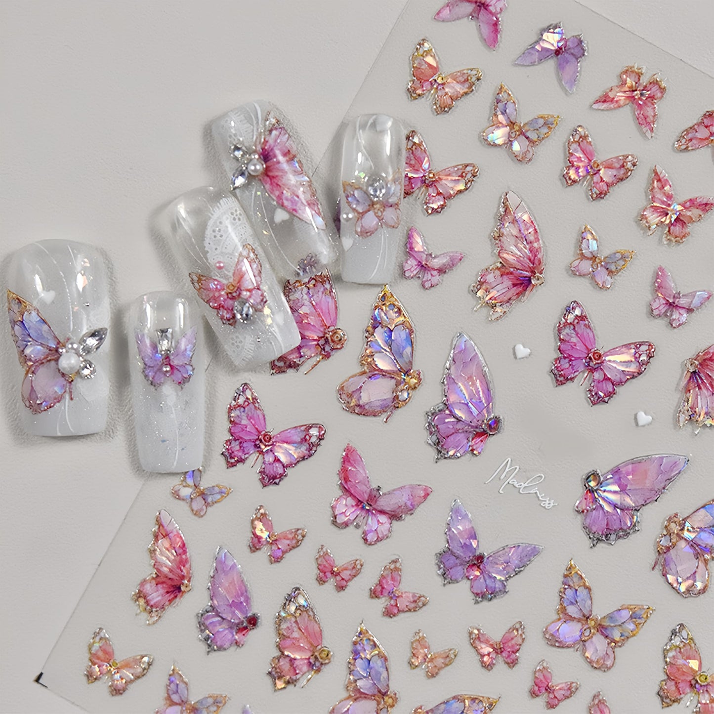 2 Sheets Butterfly Nail Art Stickers 5D Embossed Pink Butterfly Nail Decals Glitter Aurora Butterfly Nail Pattern Self-Adhesive Nail Art Stickers DIY Nail Decoration