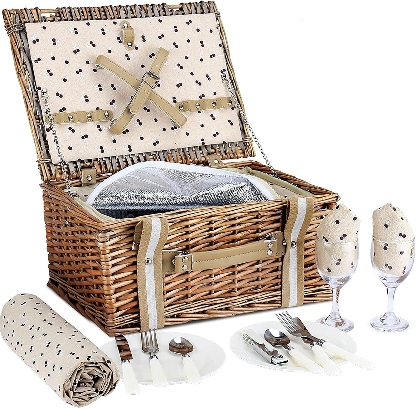 Willow Picnic Basket Set for 2 Persons with Large Insulated Cooler Bag and Waterproof Picnic Blanket, Wicker Picnic Hamper for Camping,Outdoor,Birthday