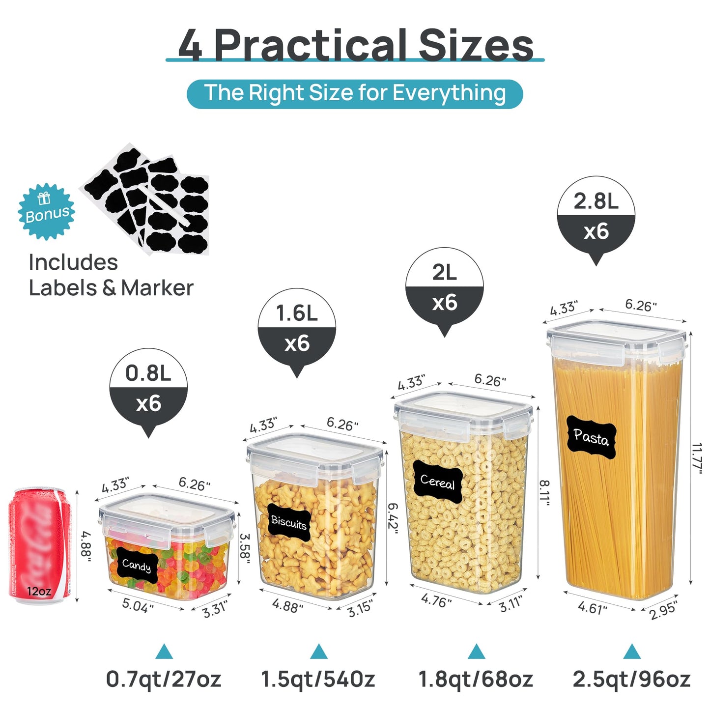 Vtopmart Airtight Food Storage Containers with Lids, 24 pcs Plastic Kitchen and Pantry Organization Canisters for Cereal, Dry Food, Flour and Sugar, BPA Free, Includes 24 Labels，Gray