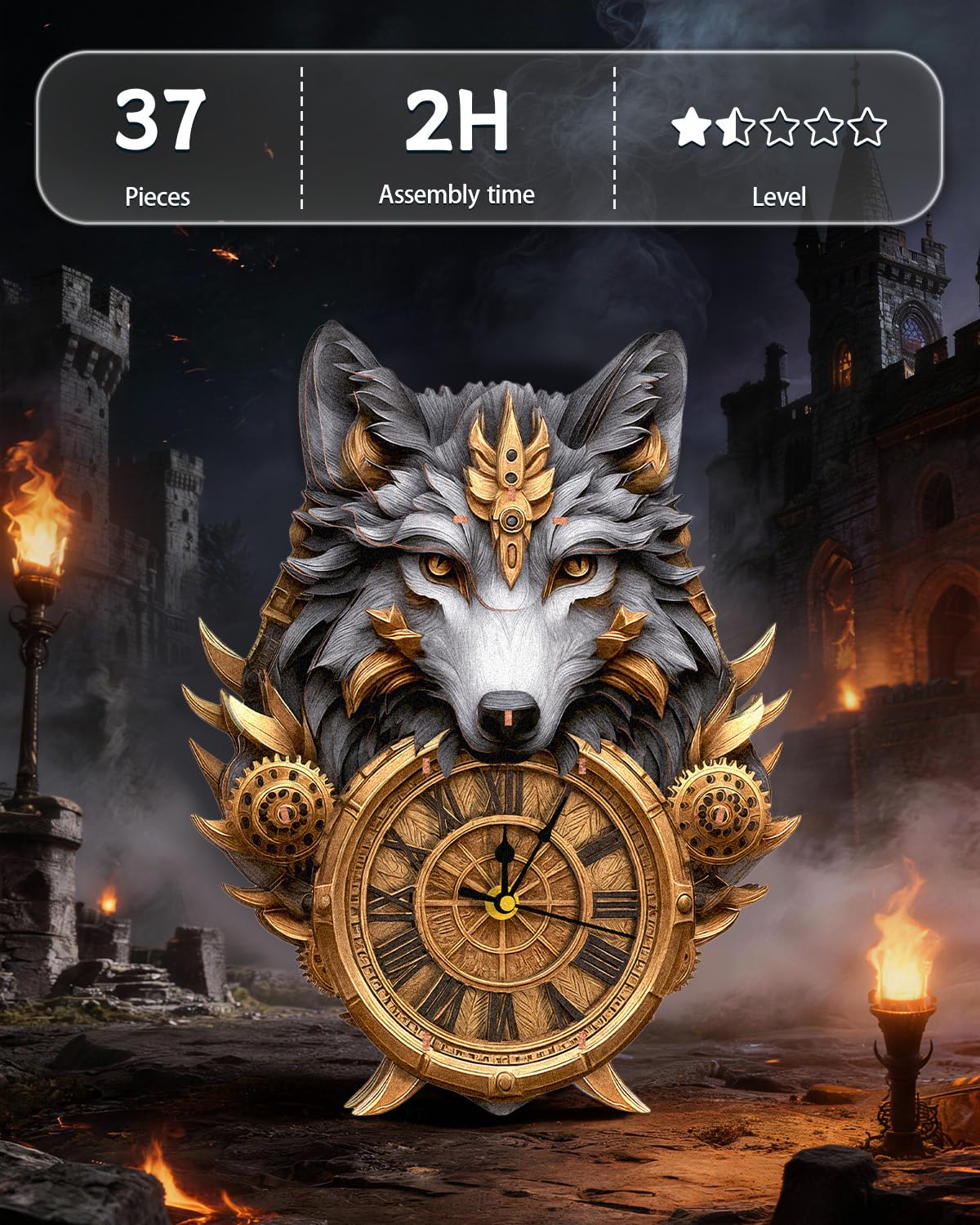 Rnfinewow 3D Puzzles for Adults, Gray Wolf DIY Clock Kit with Pendulum, Beginner 3D Wooden Puzzles Model Kit Crafts for Home Wall Decor Hobbies Birthday Christmas Day Gift