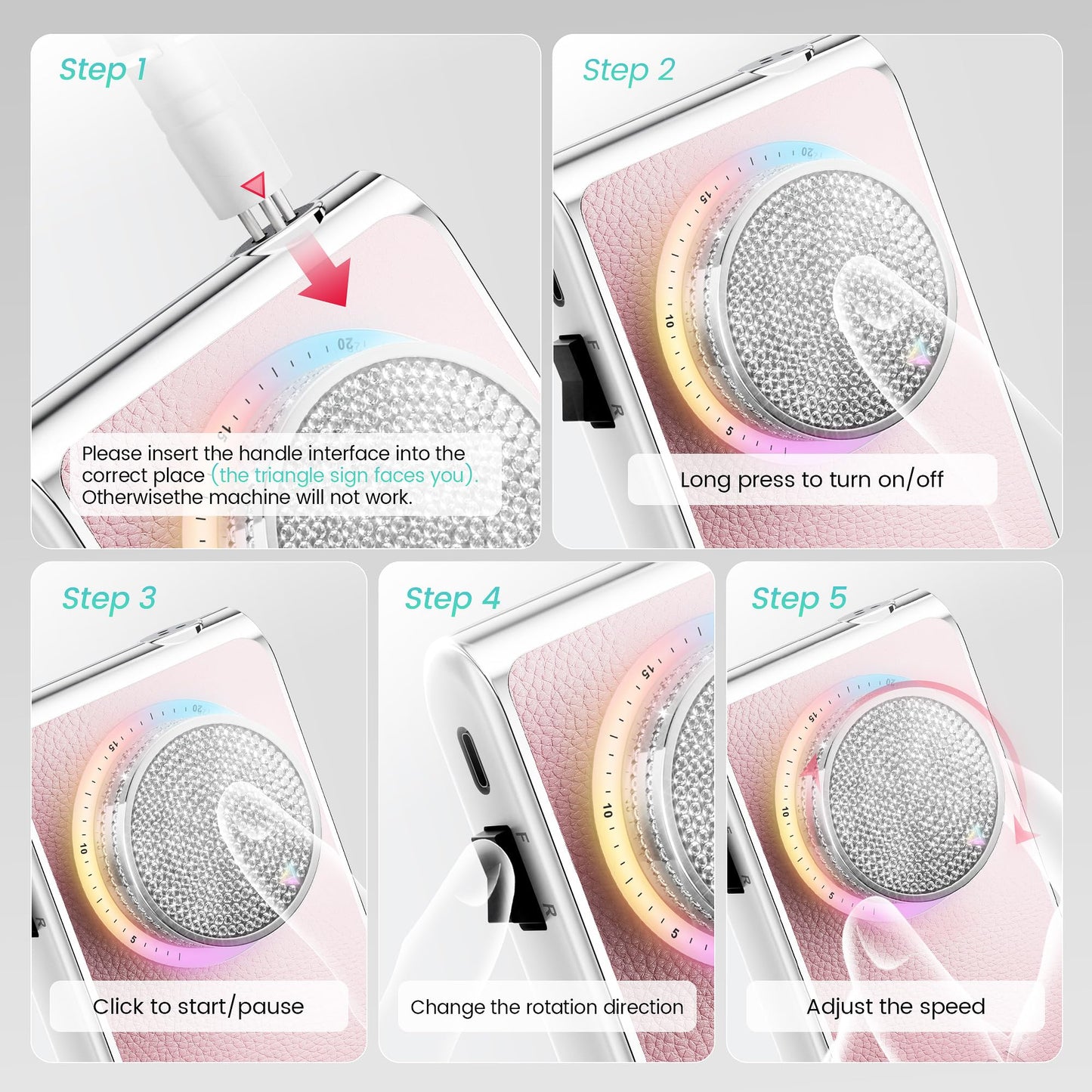 L'UGX Professional Nail Drill, 30000RPM Brushless Nail Drill Machine, Cordless Rechargeable Electric Nail File for Acrylic Nails Gel Polishing, Low Noise Low Vibration, 7Pcs Drill Bits, Diamond Pink