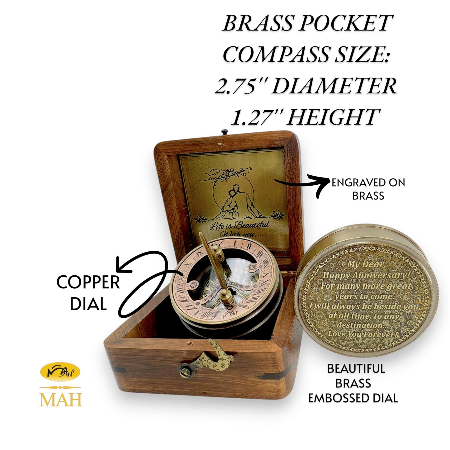 Anniversary Brass Sundial Compass Gift for Him or Her – Keepsake for Husband, Wife or Couple – 50th 40th 25th 20th 1st Year Wedding or Love Celebration – Engraved or Embossed Romantic Quote Compass