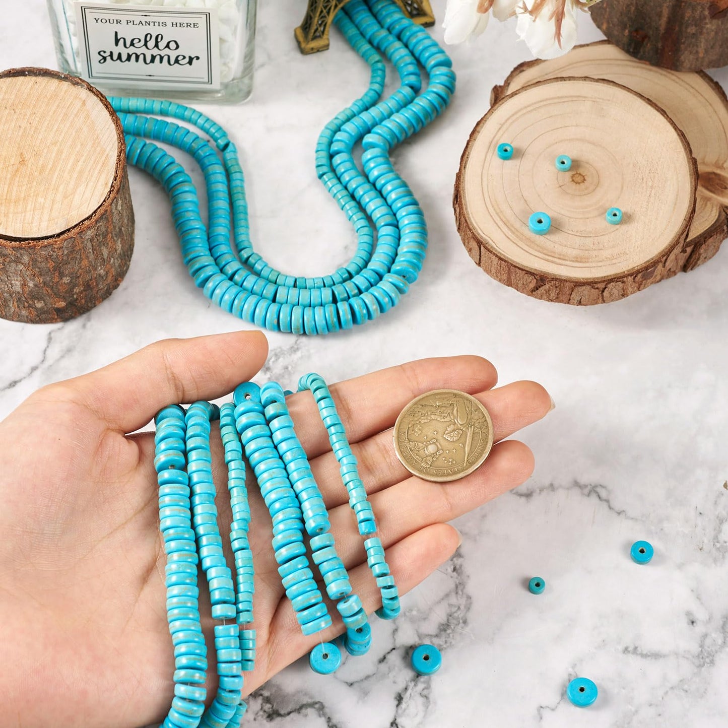 900Pcs Natural Blue Turquoise Beads Turquoise Heishi Disc Beads 4.5/6/8mm Flat Round Gemstone Bead for Women Bohemian Earring Bracelet Jewelry Making