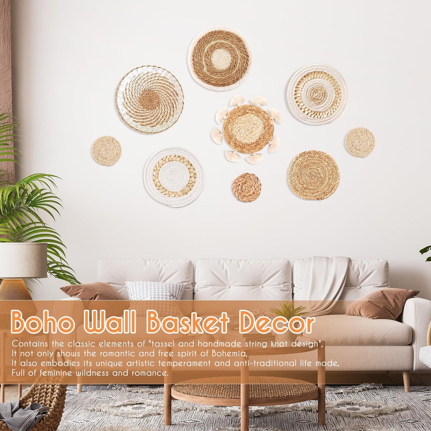 9PCS Boho Wall Baskets Set, Seagrass Rattan Wicker Basket Set, Round Handmade Hanging Basket Decor for Farmhouse Living Room Bedroom Display Table Kitchen Home