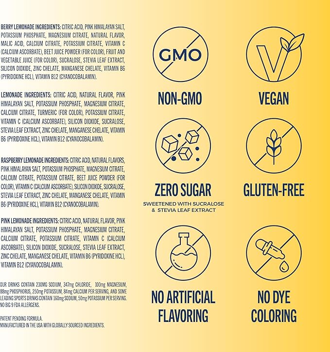 TREVI™ Sugar Free Electrolytes - Drink Mix Hydration Powder Packets - 28 Count - Lemonade Variety Pack - Lemonade, Pink Lemonade, Raspberry Lemonade, Berry Lemonade