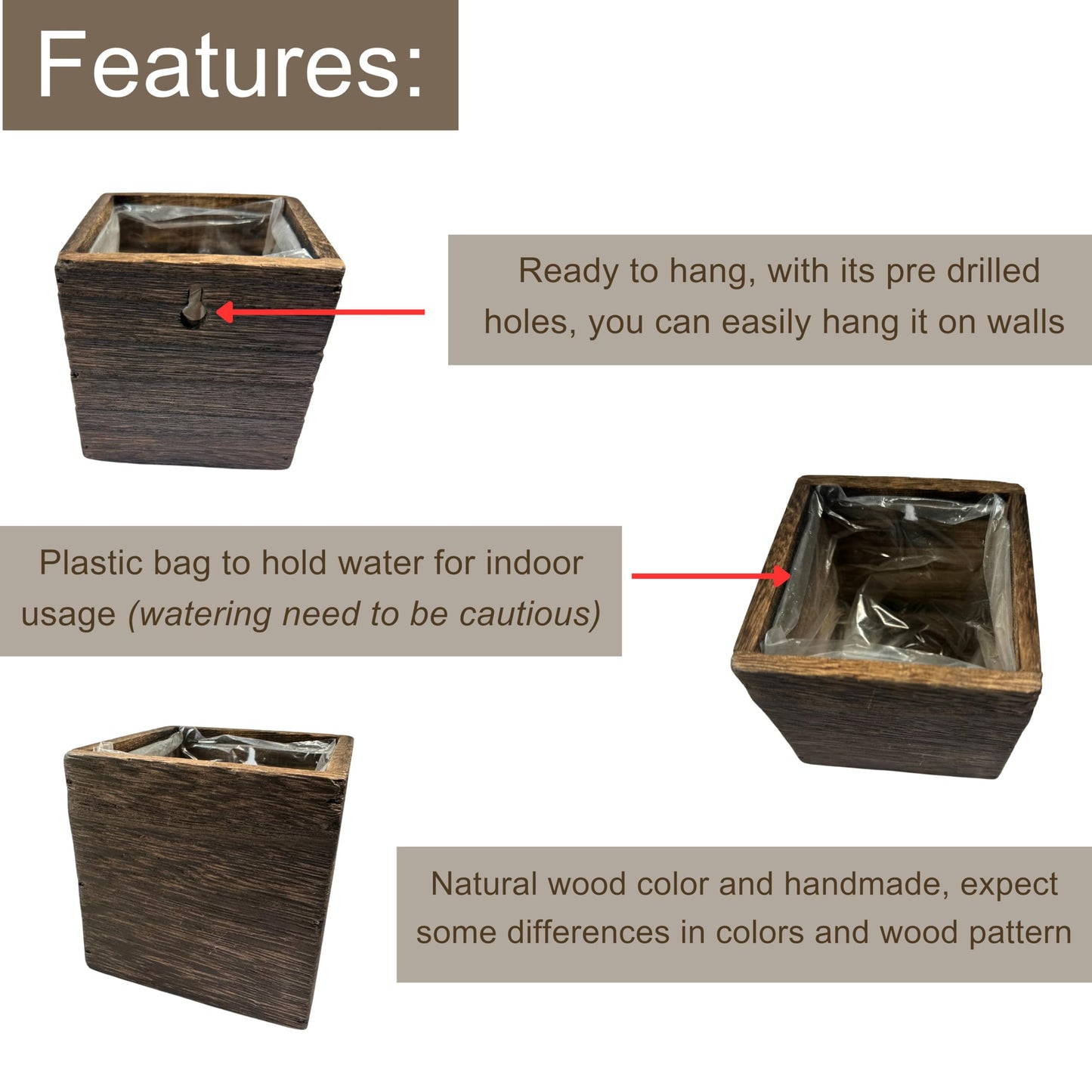 LaLaGreen Wood Planter Boxes (4x4 Inch, 4 Pack) Small Square Wooden Wall Mounted Flower Pot for Indoor Plants, Window Box Mount Hanging Herb Planters Outdoor Plant Holder Vertical Garden Home Decor
