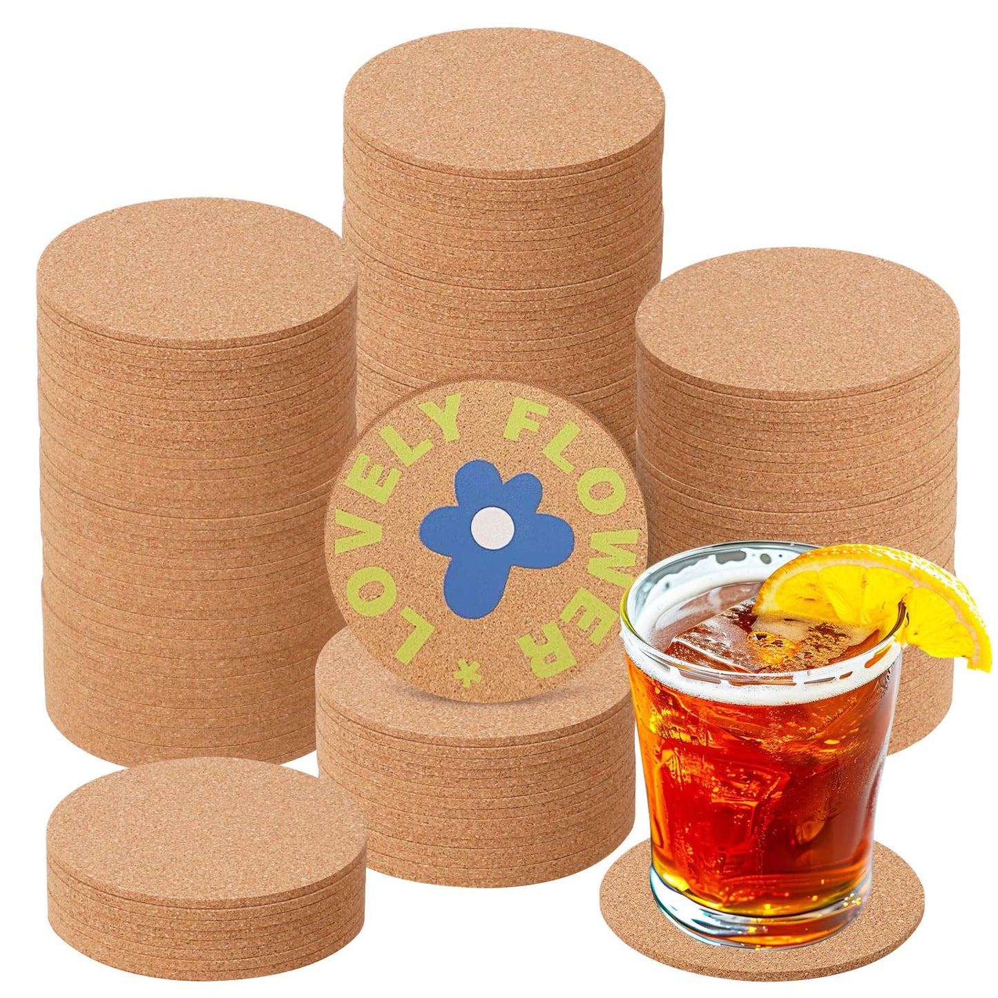 Geytetqi 150 Pieces 3.6 Inch Cork Coasters for Drinks, 90 mm Round Cork Coasters, Non-Slip, Heat-Resistant, Absorbent & Reusable, Perfect for DIY Crafts and Home Tabletop Decoration