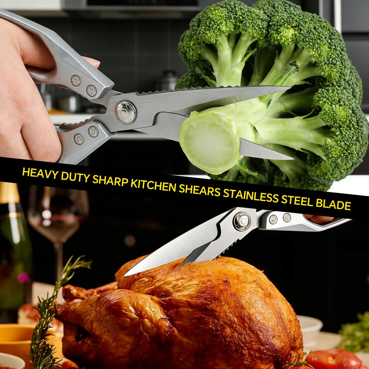 2PCS Kitchen Shears Set Multi-Purpose Kitchen Scissors for Food Heavy Duty Culinary Chef Scissors for Cutting Chicken Meat Vegetables Herbs Scaling Fish, Good Grips Professional Poultry Shears, Silver