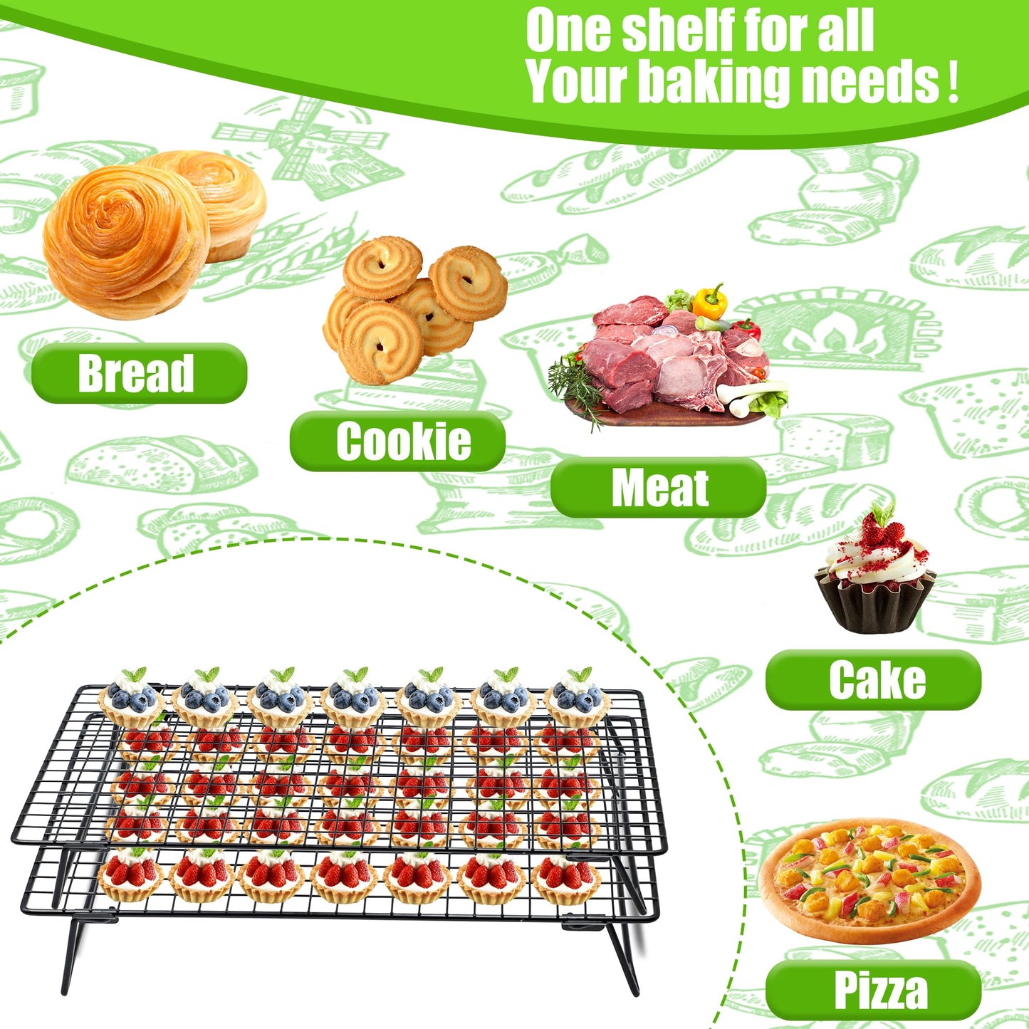 Stackable Cooling Rack for Cooking and Baking, 2 Pack Wire Cooling Rack with Collapsible Legs for Cooling Cookie, Cake, Pizza, Roasting, Grilling, Drying(13.4"*9.3")