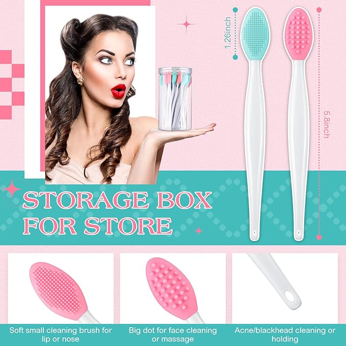 Patelai 24 Pcs Silicone Exfoliating Lip Scrub Brush with Container Double Sided Silicone Lip Scrubber Soft Cleaning Brush for Men Women Lightening for Dark Lips(Pink, Green)
