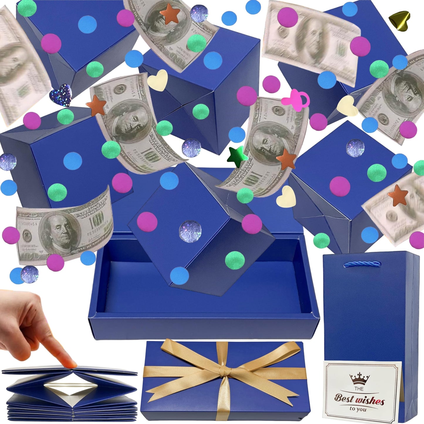 JINSTABAG Surprise Gift Box Explosion for Money, DIY Unique Folding Bouncing Cash Pop Up Gift Boxes for Birthday, Christmas, Anniversary, Valentine's Day. (Dark blue)