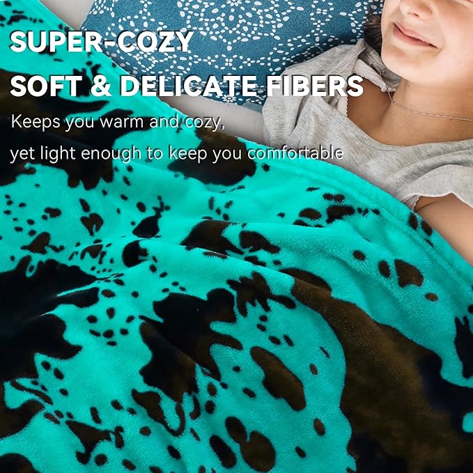 Teal Fleece Blanket Twin Size - Plush Soft Warm Turquoise Cow Print Throw for Bed, Couch, Sofa, Room Decor & Gifts
