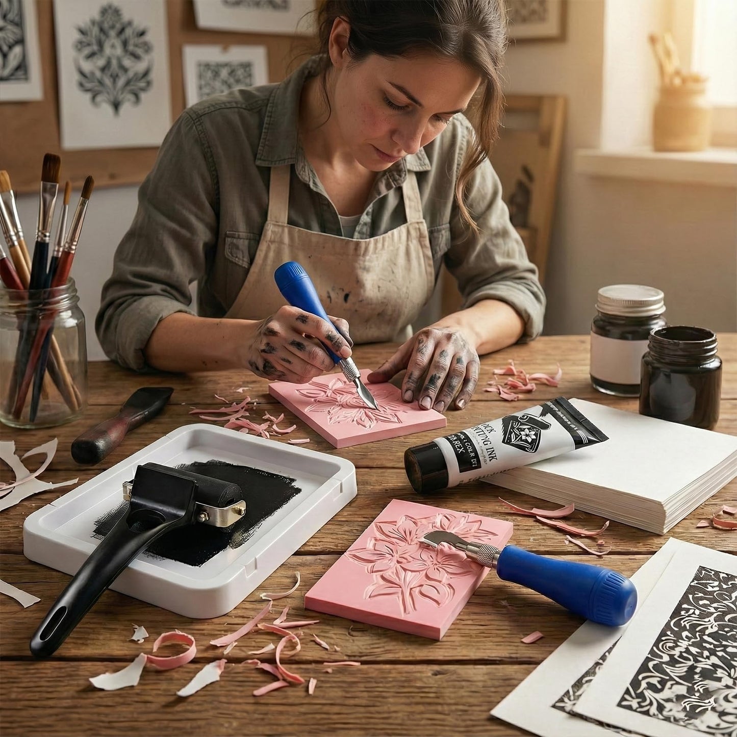 Falling in Art Linocut Kit for Printmaking, Rubber Block Stamp Printing Kit with Linoleum Blocks, Ink Paint and Brayer, DIY Carving Gift for Beginners and Artists