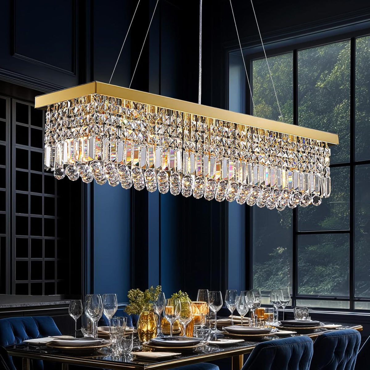 Modern Crystal Chandelier for Dining Room,Gold Luxury Crystal Chandelier,8 Lights Rectangular Rectangle Light Fixture for Living Room Kitchen Island L40''xW10''xH10''