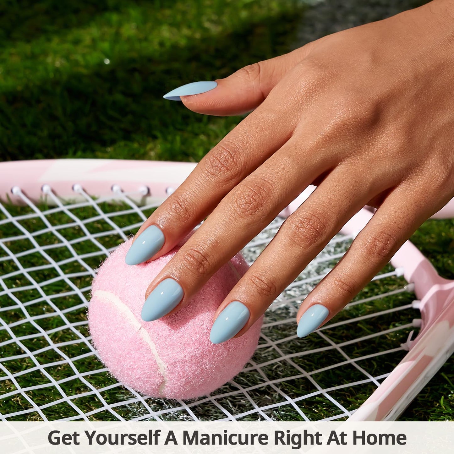BTArtbox Press On Nails Short - Pastel Light Blue Almond Press On Nails with Glue for Women, Opaque Soft Gel Glue On Nails in 16 Sizes - 32 Stick On Nails Kit, Sky Dash