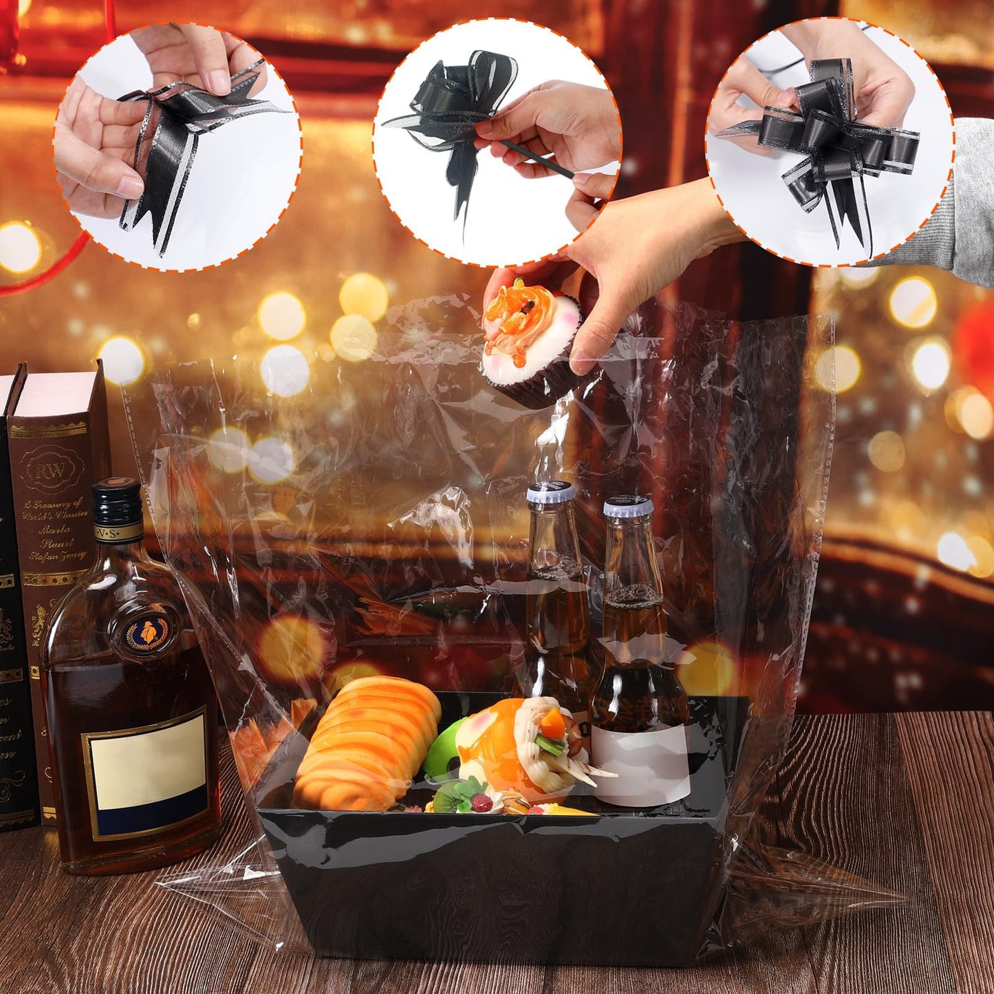 MADHOLLY 6 Set Baskets for Gifts Empty - Sturdy Kraft Gift Basket Kit with Cellophane Wrap Pull Bows for Men, Father’s Day, Career Promotion, Birthday Gift Wrapping, Black