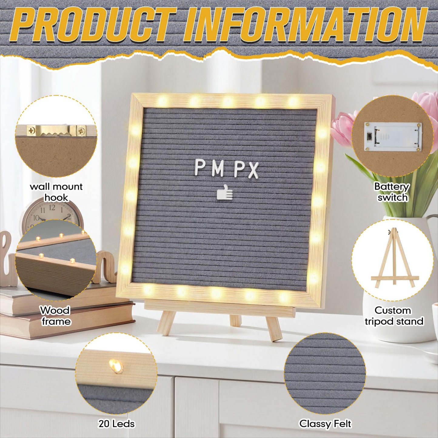 wearage 10x 10 Inch Changeable Felt Letter Board with LED Lights, Message Custom Felt Letter Board with Wooden Stand and 300 Letters for Pregnancy Announcement Classroom Decor Poster (Grey)
