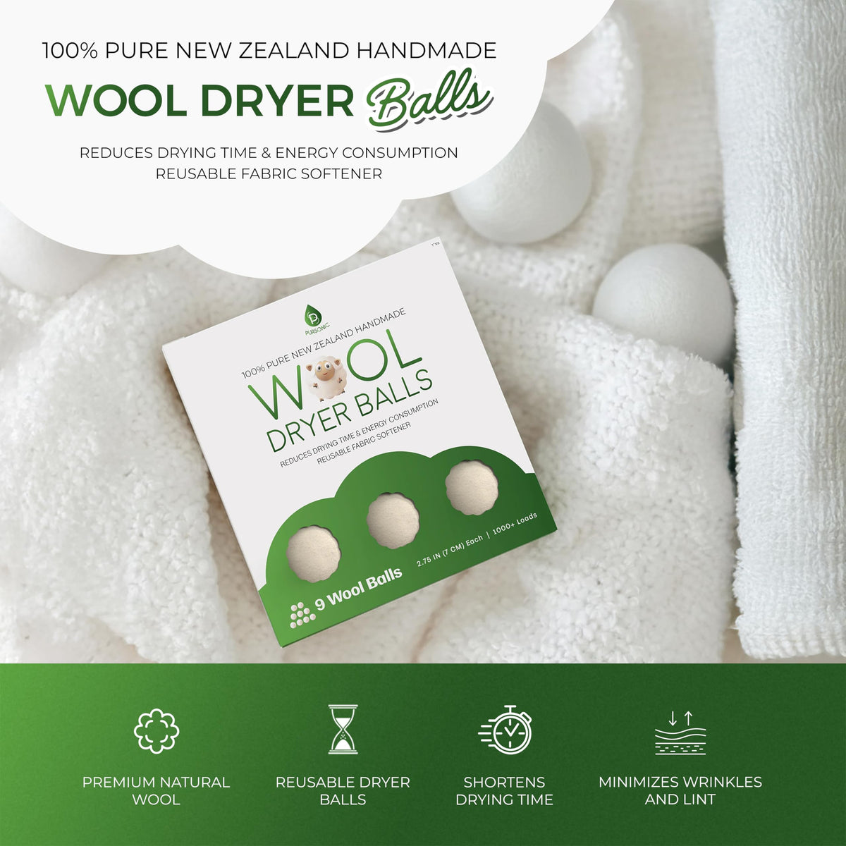 XL Laundry Wool Dryer Balls Made with 100% Pure New Zealand Wool (9 Count)
