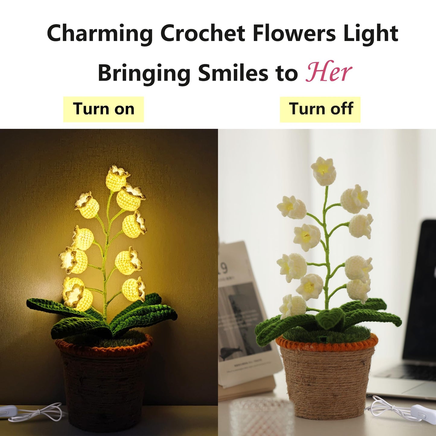 ANZRLE Lily of The Valley Lamp, White Crochet Artificial Flowers with Night Lights, Table Lamp with USB Port -Birthday Gifts for Women,Cozy Home Decor Mothers Day Gifts
