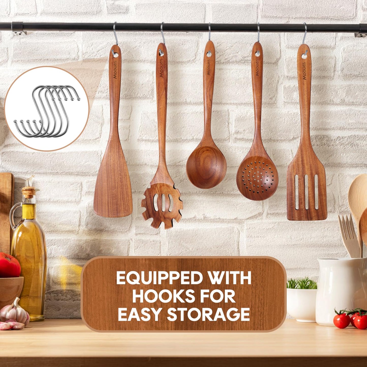 Wooden Spoons for Cooking, 10 PCS Teak Wood Cookware Utensil Set with Hooks - Smooth Finish, Non-Stick, Comfortable Grip, Heat Resistant Kitchen Utensils Gift Box