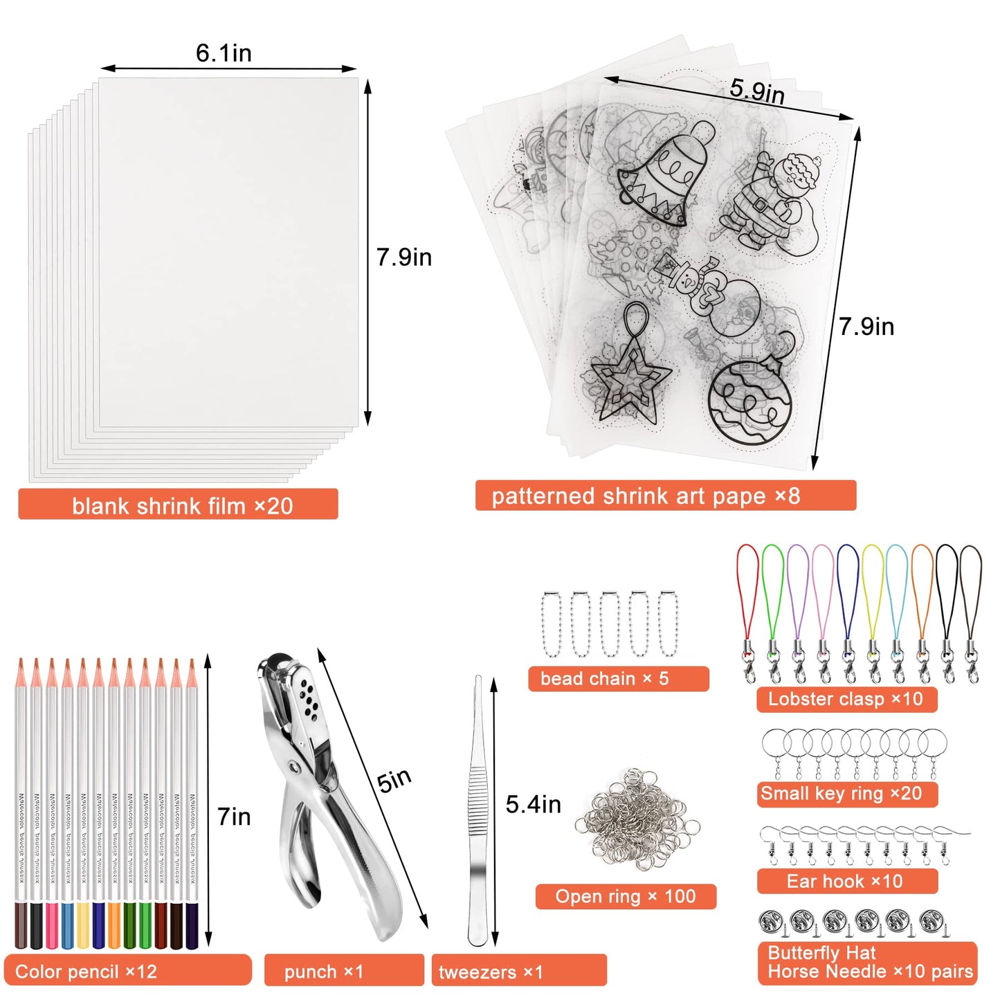 NOVWANG 198 Pieces Heat Shrink Plastic Sheet Kit Include 28 Pcs Shrinky Paper, Hole Punch, Keychains Accessories and Pencils for Creative Art Craft