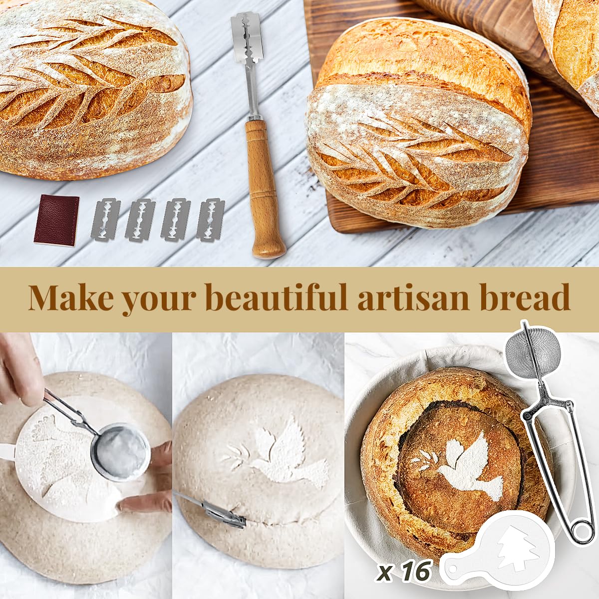 Sourdough Starter Kit, Banneton Bread Proofing Baskets Set, Sourdough Bread Baking Supplies Making Tools with Dough Scraper, Whisk, Bread Lame, Recipe