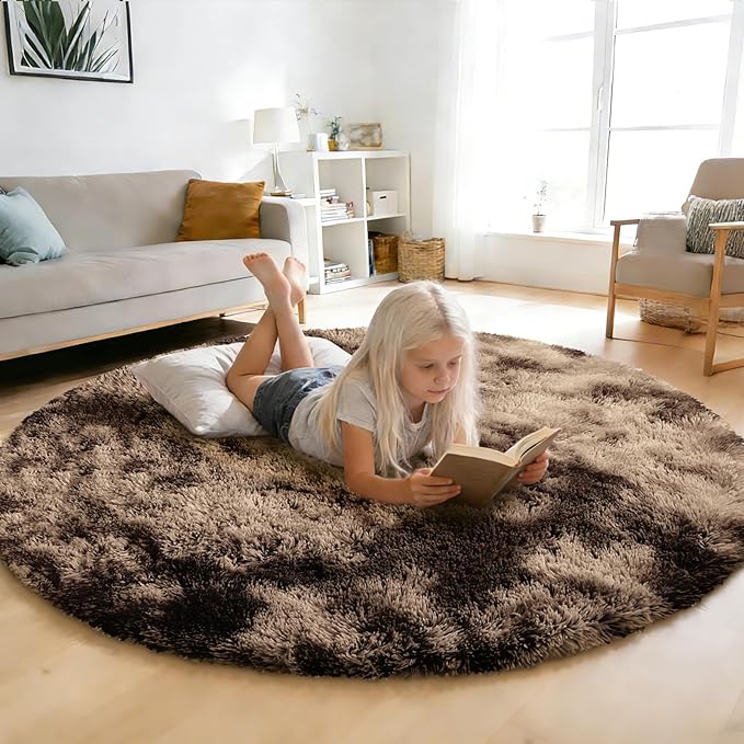 Tie-Dyed Coffee Fluffy Round Rug,Soft Area Rugs for Girls Room,Shaggy Rugs 4'X4' for Living Room,Non Slip Circle Rug for Kids Bedroom,Shag Plush Nursery Carpets,Fuzzy Rug for Dorm,Room Decor Carpet