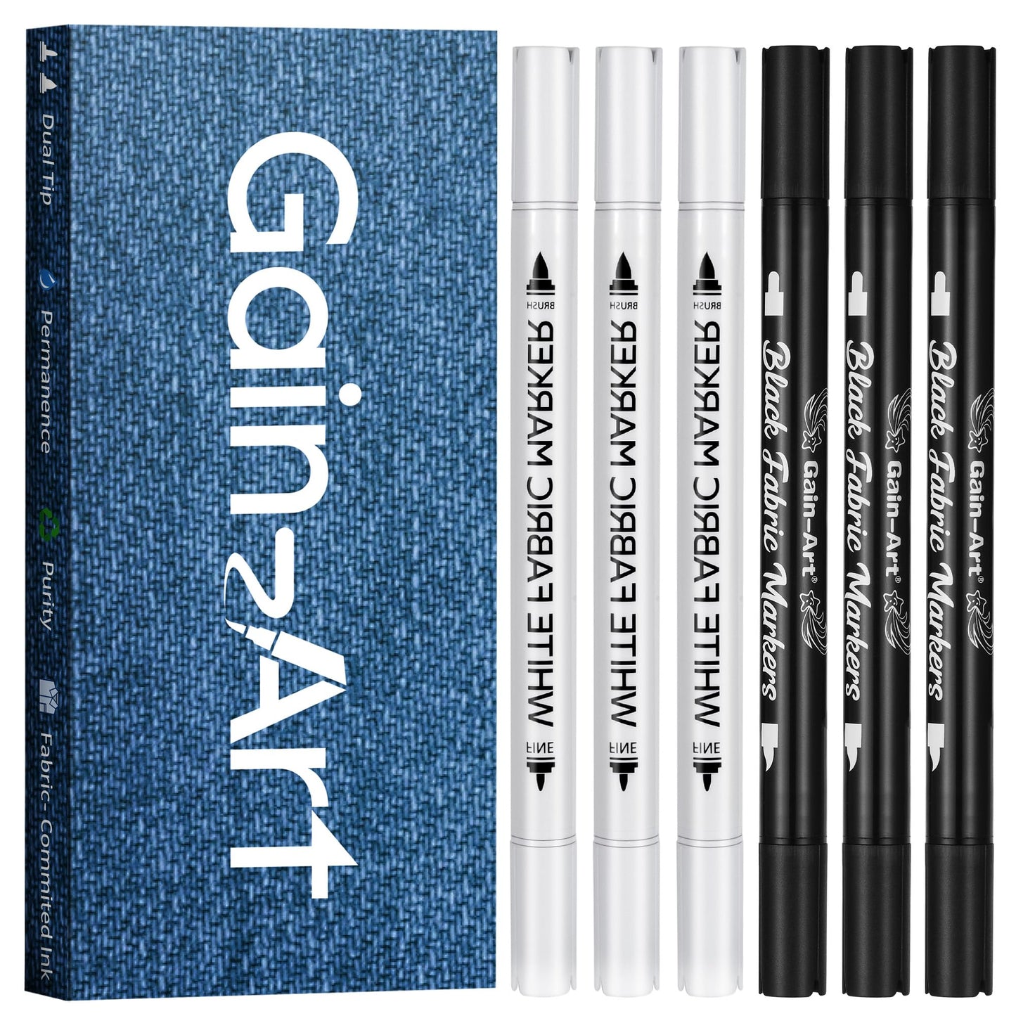 Gain-Art Fabric Marker for Clothes 6PCS, Wash-Resistant, No Bleed, Quick Dry Professional Dual Tip Pen, Permanent Paint for Clothing, Canvas Cover Stains, DIY Art Crafting White &Black