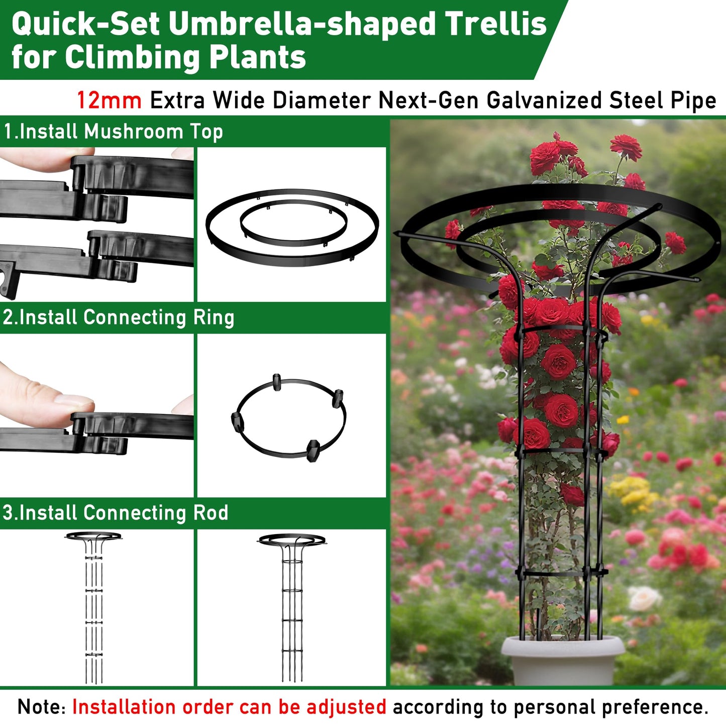 Carotex Mushroom Top Trellis for Climbing Plants Outdoor, 5.74FT Decorative Obelisk Plant Support with Rustproof PE-Coated Metal Poles, Rose Trellis for Clematis Ivy, Black