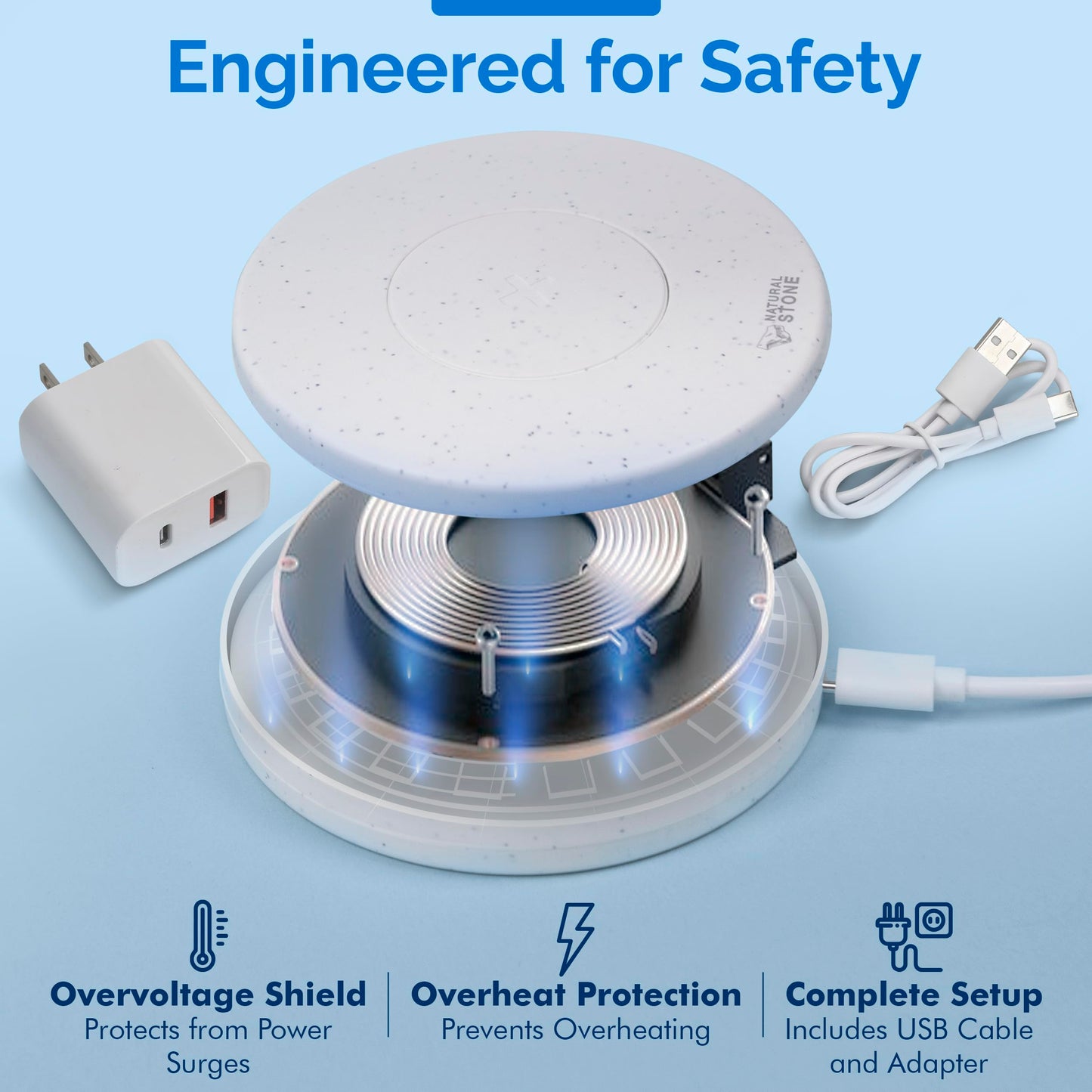15W Fast Wireless Charger – Stone Wireless Charging Pad w/ 20W USB-C Adapter, LED Indicator, Overheat & Short Circuit Protection
