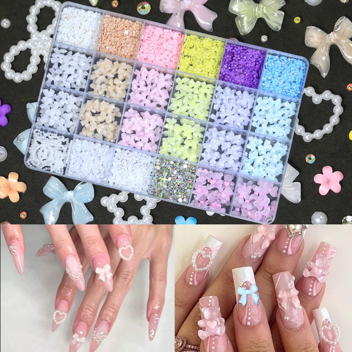 HNUIX Bow Nail Charms - 3D Multiple Colors, Bow-Knot, Flower, Pearls, Flat Back Rhinestones, with Kit, for Nail Art