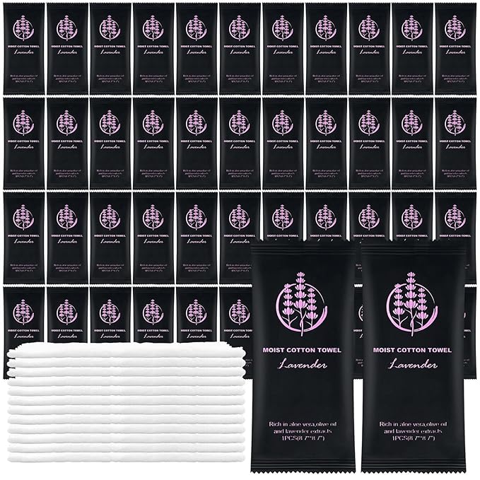 Moist Cotton Towel Bulk Moist Towelettes Individually Wrapped,White Towel Services,Refreshment Pre Moistened Towels for Dentist Travel Sport Party Hotel （Lavender,200)