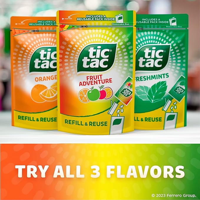 Tic Tac Bulk Resealable Refill Bag, Fruit Adventure Mints, On-The-Go Refreshment, Includes Empty Refillable Pack, 17.2 oz