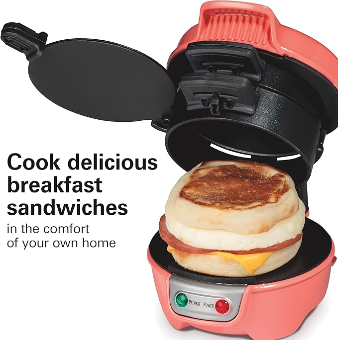 Hamilton Beach Breakfast Sandwich Maker with Egg Cooker Ring, Customize Ingredients, Perfect for English Muffins, Croissants, Mini Waffles, Perfect White Elephant Gifts, Coral (25483)