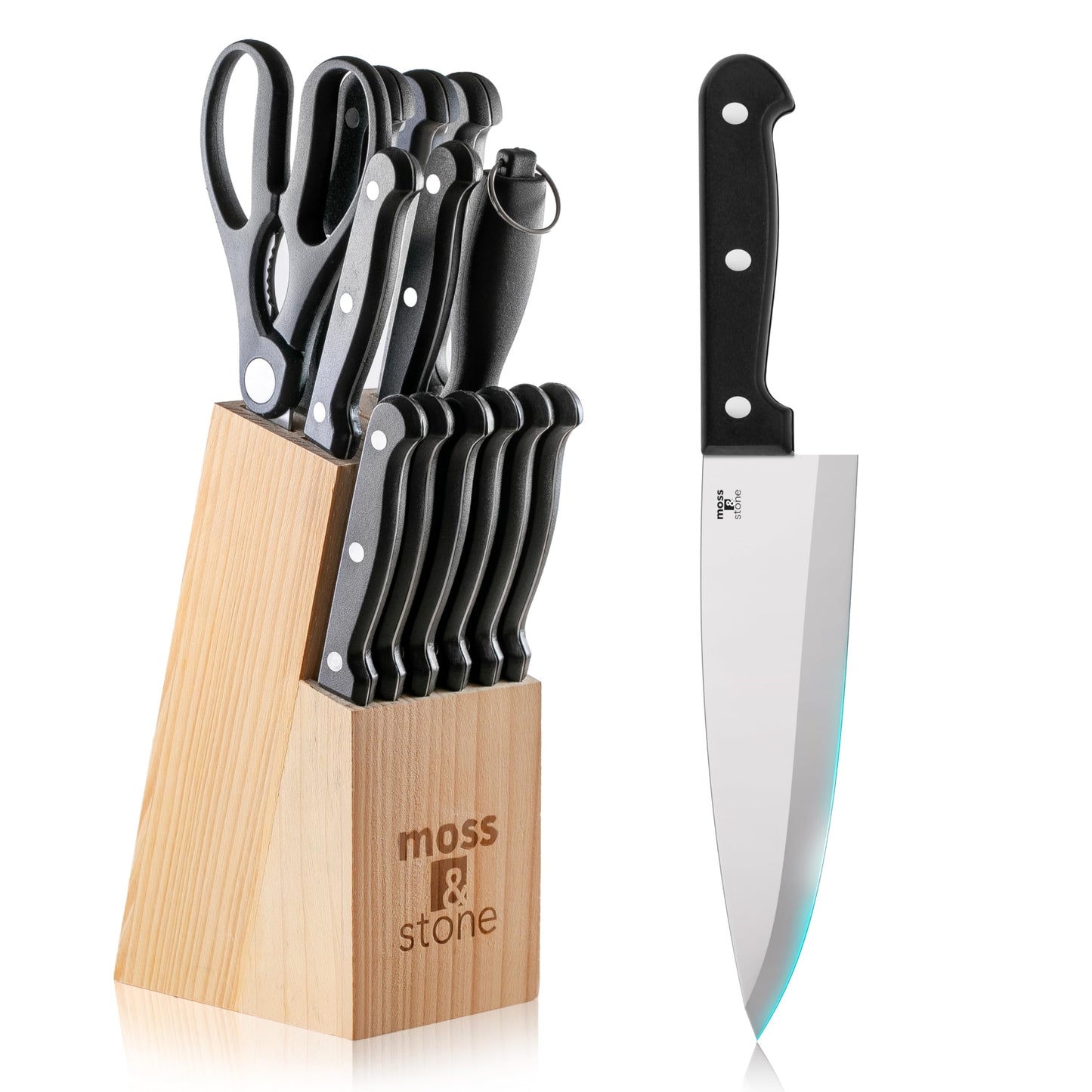 Moss & Stone 14 Pcs Knife Block Set Stainless Steel, Premium Forged Kitchen Knives Set with High-Carbon Blades, Ergonomic Handle, Sharp Blade, Rust Resistant, Modern Style for Home & Chef, Black