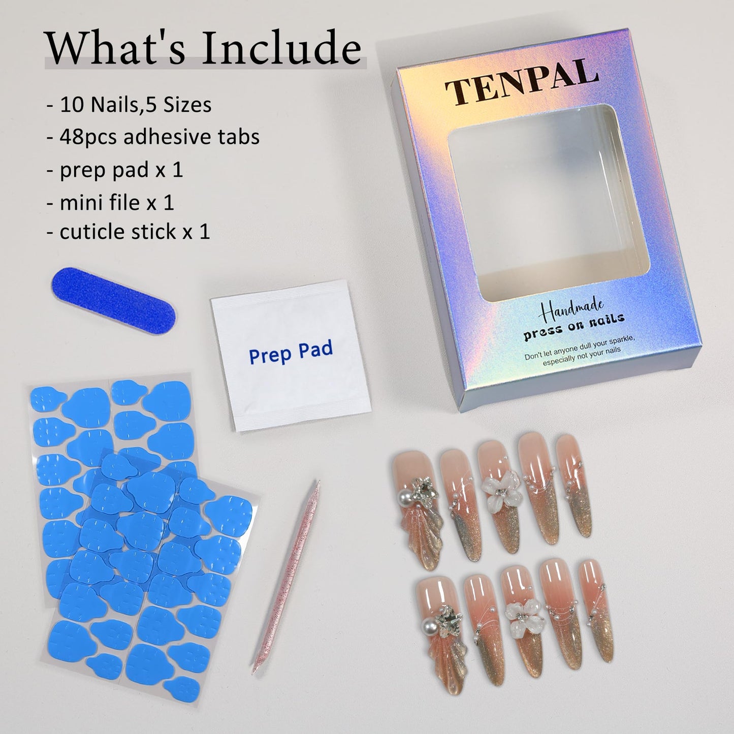 TENPAL Cat Eye French Tips Press on Nails Long Stiletto- Icy Glitter & Pearl Sweet Design, with Hand Carving, Reusable & Glossy False Nails for Effortless Glam(S)