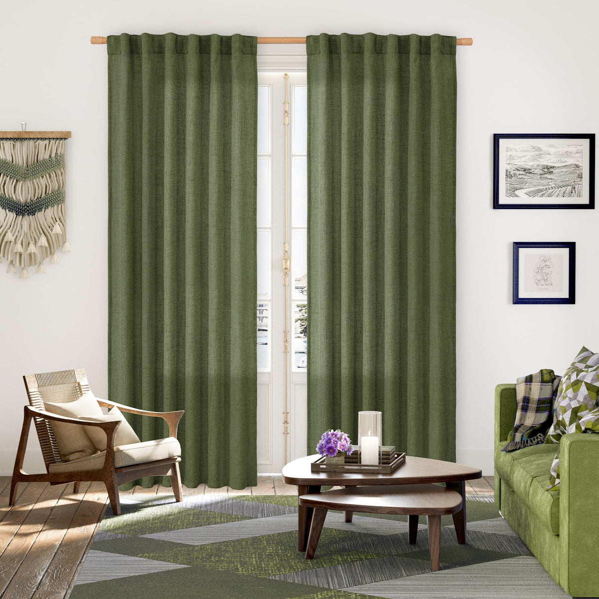 Dark Green Linen Curtains 90 Inch Length for Living Room (2 Count)